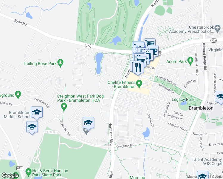 map of restaurants, bars, coffee shops, grocery stores, and more near Bliss Terrace in Brambleton