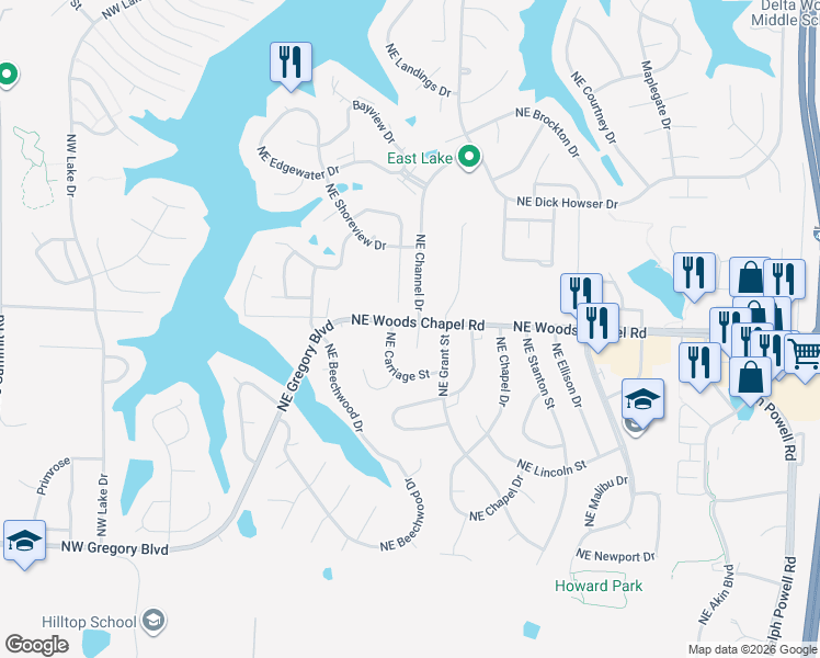 map of restaurants, bars, coffee shops, grocery stores, and more near 3905 Northeast Channel Drive in Lee's Summit