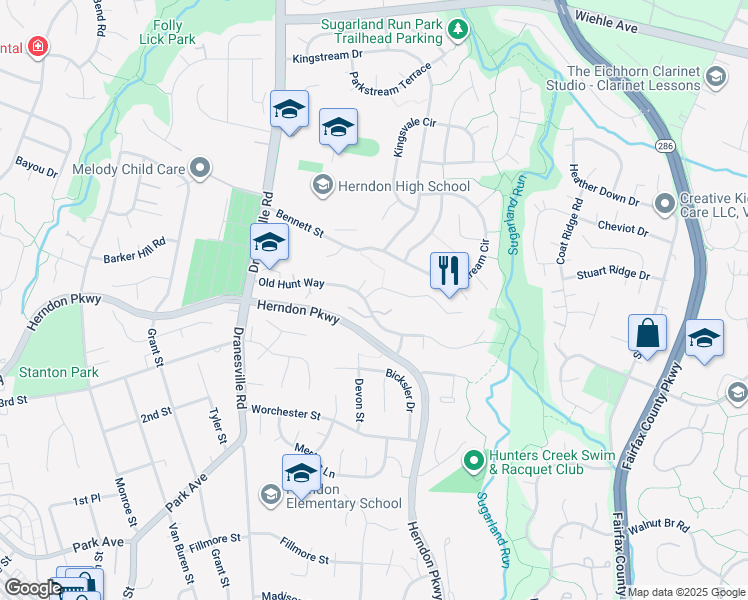 map of restaurants, bars, coffee shops, grocery stores, and more near 699 Huntsman Place in Herndon