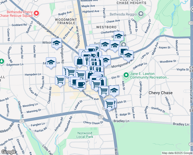 map of restaurants, bars, coffee shops, grocery stores, and more near 7315 Wisconsin Avenue in Bethesda