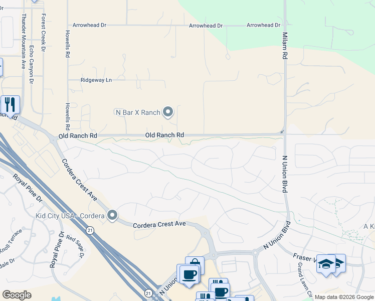 map of restaurants, bars, coffee shops, grocery stores, and more near 4232 Horse Gulch Loop in Colorado Springs