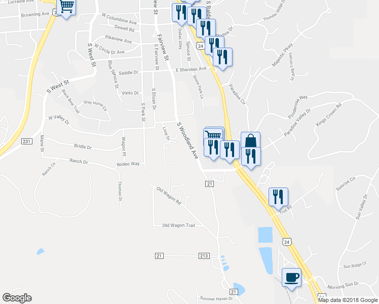 map of restaurants, bars, coffee shops, grocery stores, and more near 1100 Woodland Avenue in Woodland Park