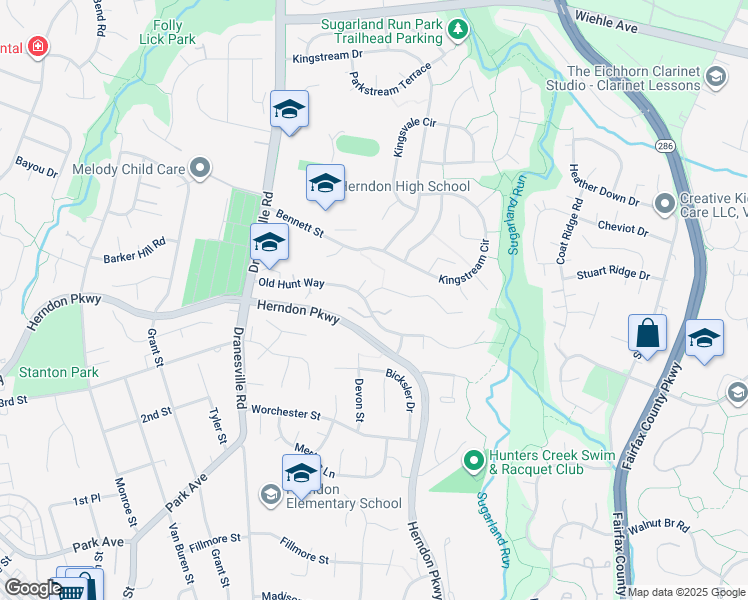 map of restaurants, bars, coffee shops, grocery stores, and more near 699 Huntsman Place in Herndon