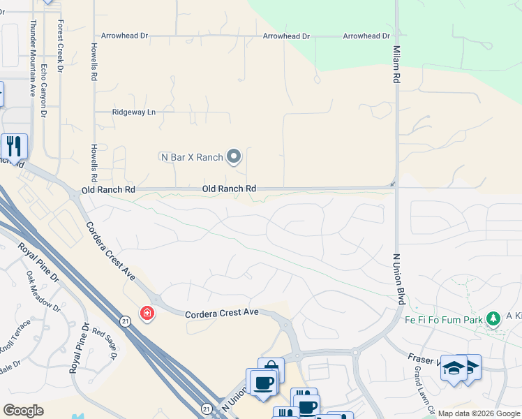 map of restaurants, bars, coffee shops, grocery stores, and more near 4232 Horse Gulch Loop in Colorado Springs