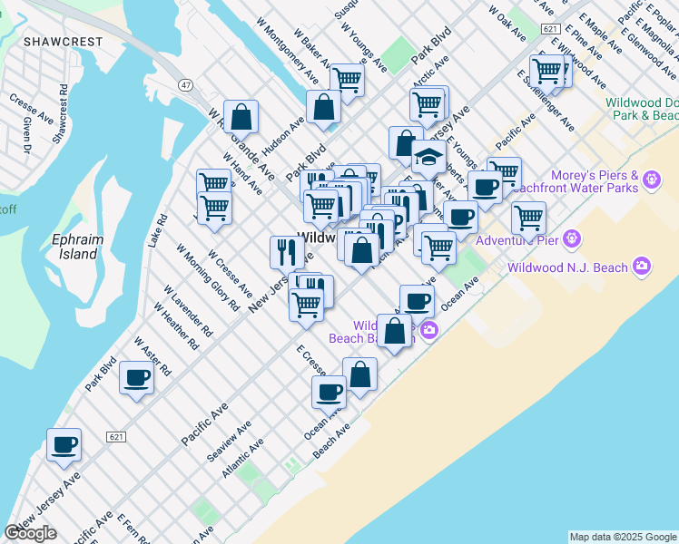 map of restaurants, bars, coffee shops, grocery stores, and more near in Wildwood