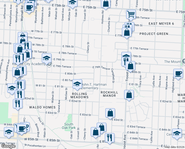 map of restaurants, bars, coffee shops, grocery stores, and more near 451 East 79th Terrace in Kansas City