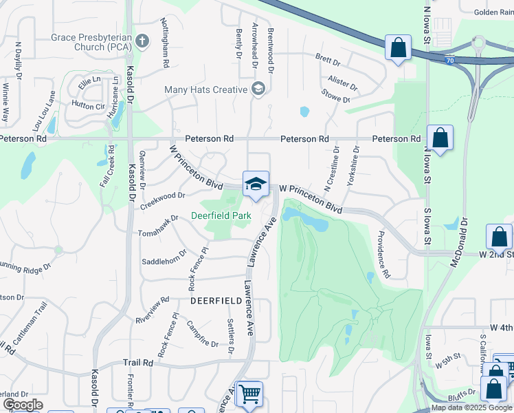 map of restaurants, bars, coffee shops, grocery stores, and more near 101 Lawrence Avenue in Lawrence