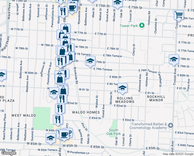 map of restaurants, bars, coffee shops, grocery stores, and more near 104 East 80th Street in Kansas City