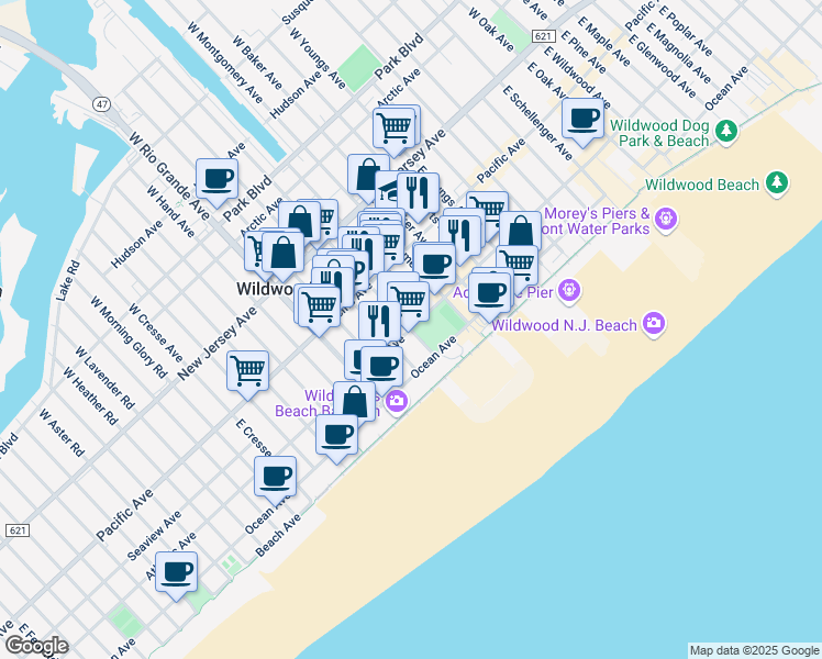 map of restaurants, bars, coffee shops, grocery stores, and more near Atlantic Ave & E Burk Ave in Wildwood