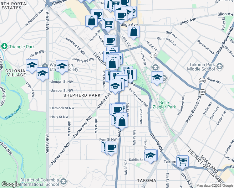 map of restaurants, bars, coffee shops, grocery stores, and more near 101 Independence Avenue Southeast in Washington