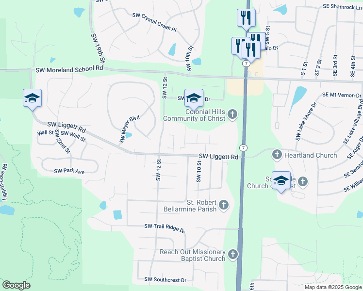 map of restaurants, bars, coffee shops, grocery stores, and more near 3604 Southwest 11th Street in Blue Springs