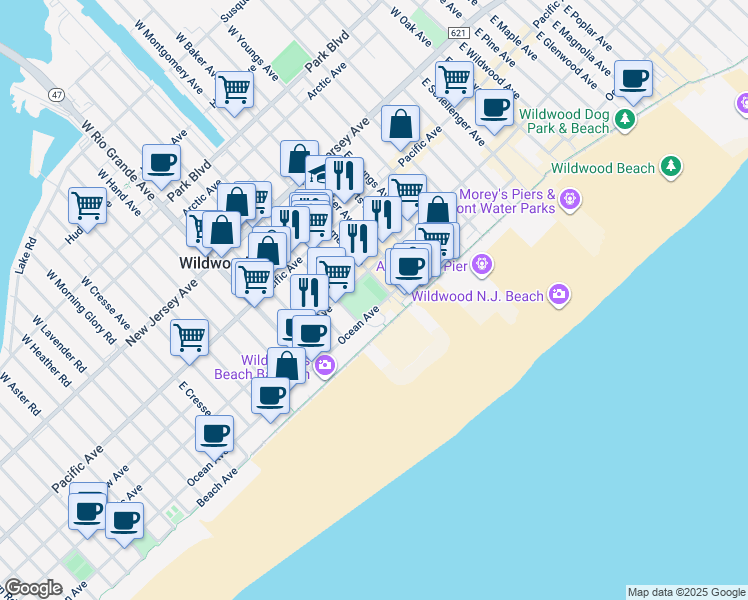 map of restaurants, bars, coffee shops, grocery stores, and more near 4401 Atlantic Avenue in Wildwood