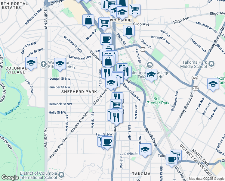 map of restaurants, bars, coffee shops, grocery stores, and more near 7700 Georgia Avenue Northwest in Washington