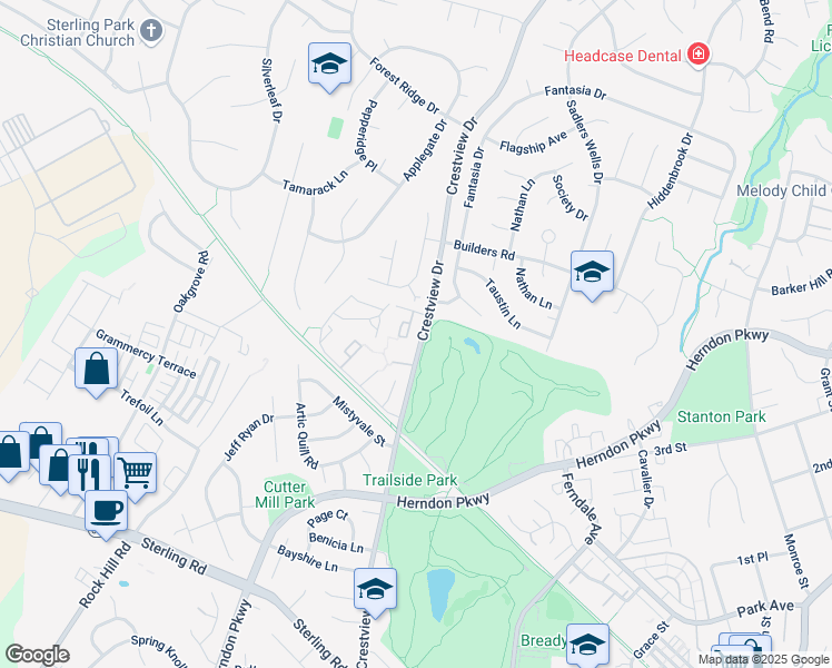 map of restaurants, bars, coffee shops, grocery stores, and more near 1184 Dublin Pl in Herndon