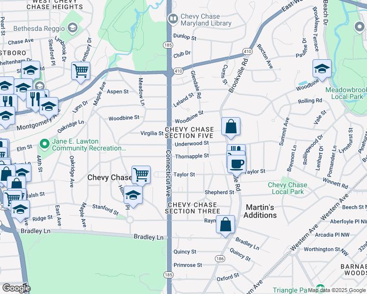 map of restaurants, bars, coffee shops, grocery stores, and more near 3802 Underwood Street in Chevy Chase
