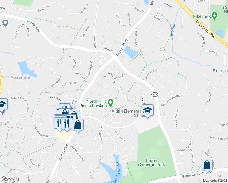 map of restaurants, bars, coffee shops, grocery stores, and more near 1373 Park Garden Lane in Reston