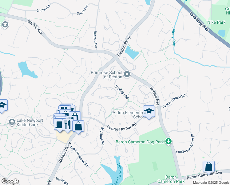 map of restaurants, bars, coffee shops, grocery stores, and more near 1373 Park Garden Lane in Reston