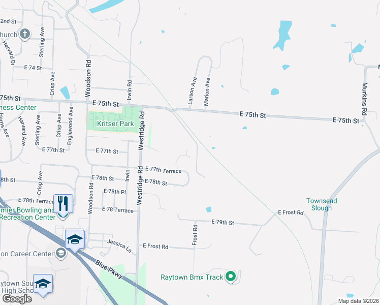 map of restaurants, bars, coffee shops, grocery stores, and more near 7701 Larson Avenue in Kansas City