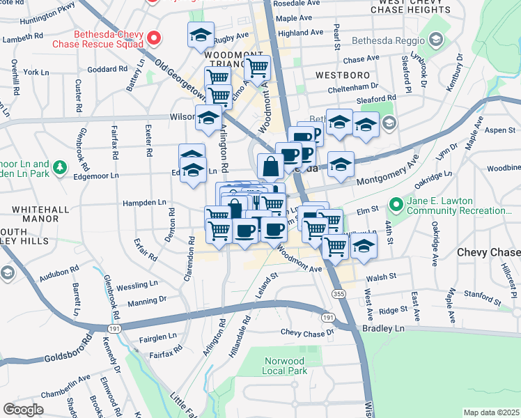 map of restaurants, bars, coffee shops, grocery stores, and more near 4901 Hampden Lane in Bethesda