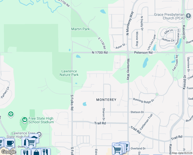 map of restaurants, bars, coffee shops, grocery stores, and more near 198 Pineridge Place in Lawrence