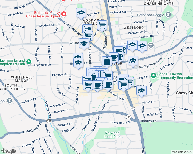 map of restaurants, bars, coffee shops, grocery stores, and more near 4915 Hampden Lane in Bethesda
