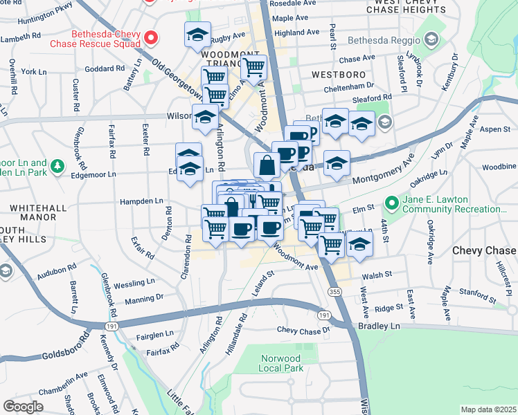 map of restaurants, bars, coffee shops, grocery stores, and more near 4915 Hampden Lane in Bethesda