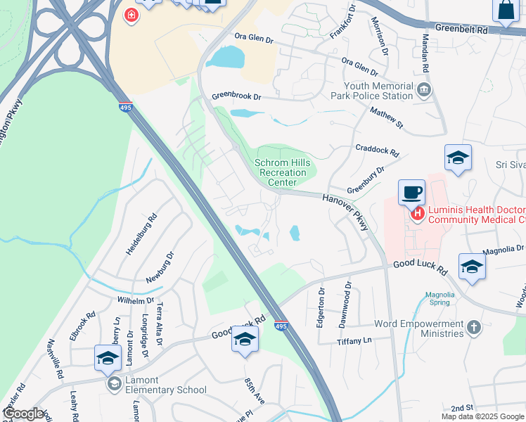 map of restaurants, bars, coffee shops, grocery stores, and more near 6640 Lake Park Drive in Greenbelt
