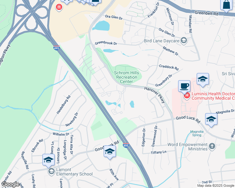 map of restaurants, bars, coffee shops, grocery stores, and more near 6640 Lake Park Drive in Greenbelt