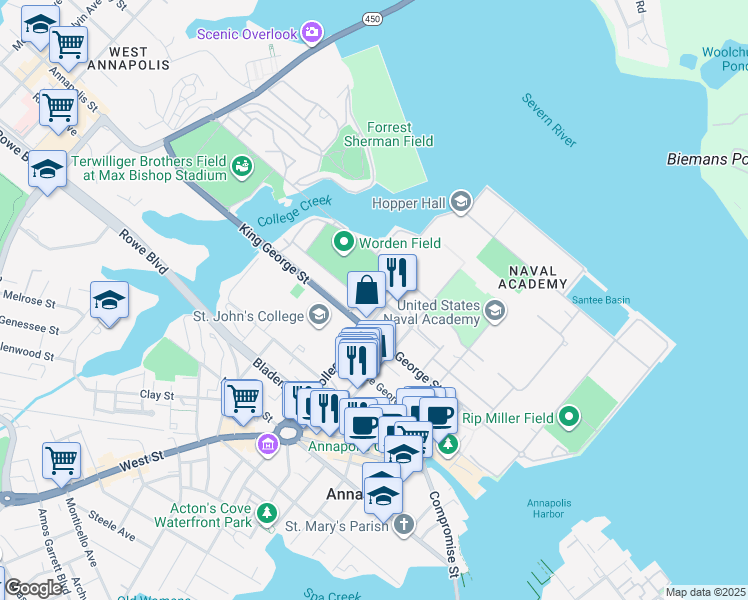 map of restaurants, bars, coffee shops, grocery stores, and more near 267 Hanover Street in Annapolis