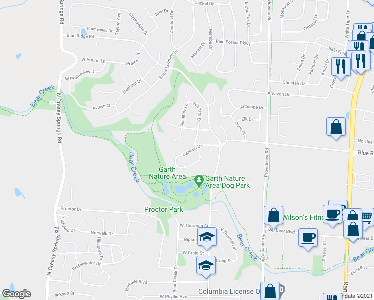 map of restaurants, bars, coffee shops, grocery stores, and more near 205 Caribou Drive in Columbia