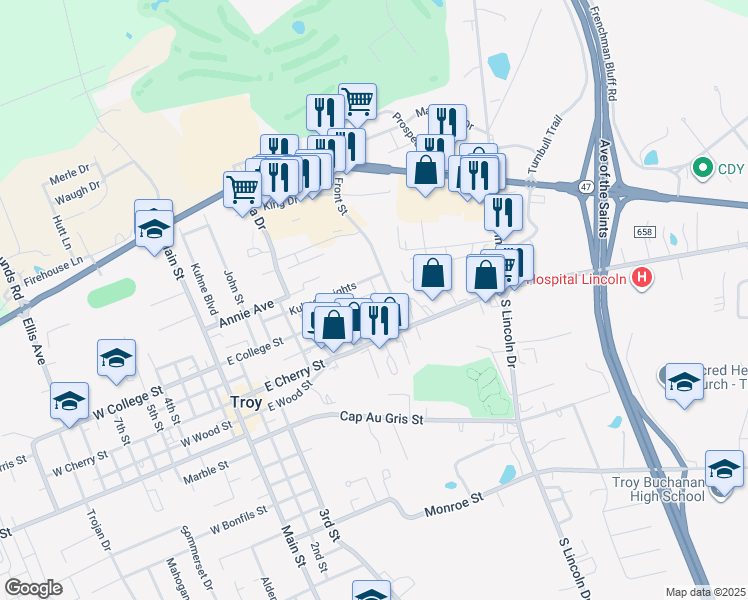 map of restaurants, bars, coffee shops, grocery stores, and more near 640 Kuhne Heights in Troy
