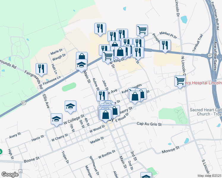 map of restaurants, bars, coffee shops, grocery stores, and more near 212 John Street in Troy