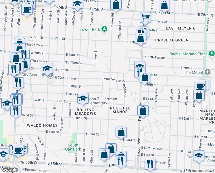 map of restaurants, bars, coffee shops, grocery stores, and more near 7928 Holmes Road in Kansas City