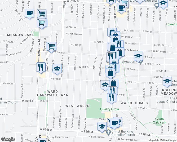 map of restaurants, bars, coffee shops, grocery stores, and more near 7943 Summit Street in Kansas City