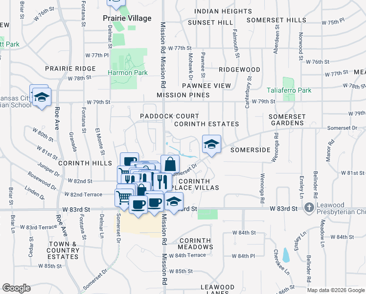 map of restaurants, bars, coffee shops, grocery stores, and more near 8037 Mohawk Street in Prairie Village
