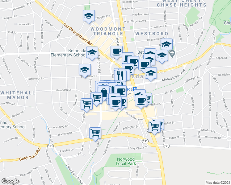 map of restaurants, bars, coffee shops, grocery stores, and more near 4905 Hampden Lane in Bethesda