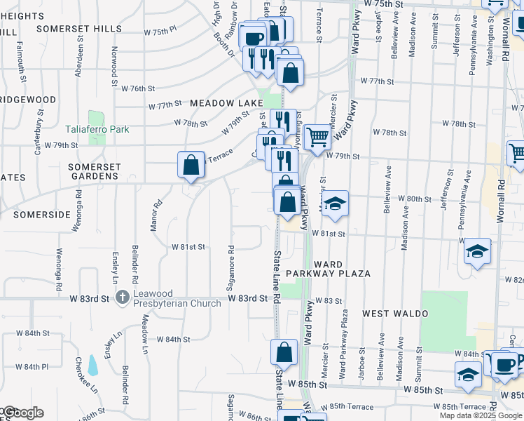 map of restaurants, bars, coffee shops, grocery stores, and more near 8016 State Line Rd in Leawood