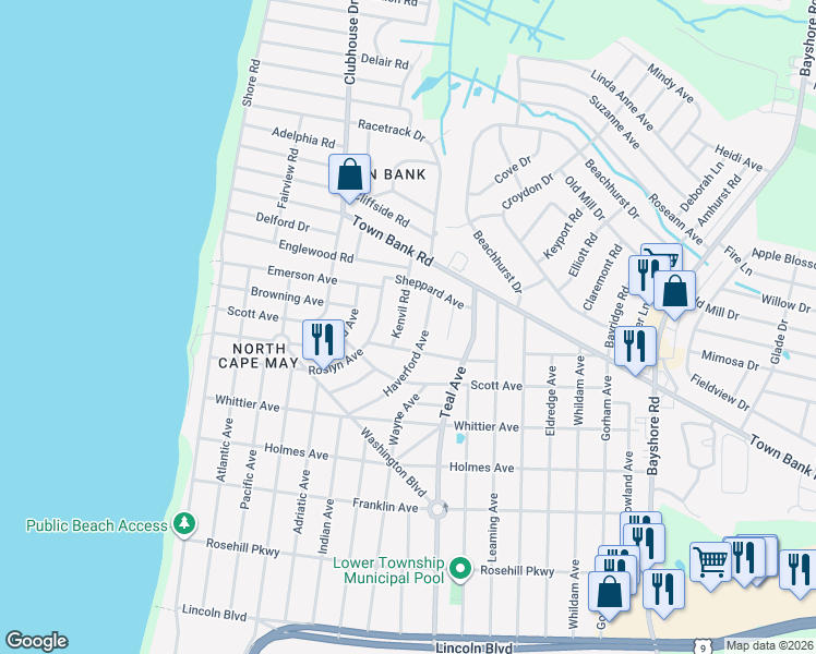 map of restaurants, bars, coffee shops, grocery stores, and more near 109 Kenvil Road in North Cape May