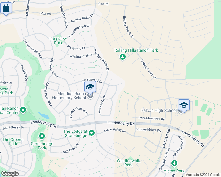 map of restaurants, bars, coffee shops, grocery stores, and more near 10457 Mount Lincoln Drive in Peyton