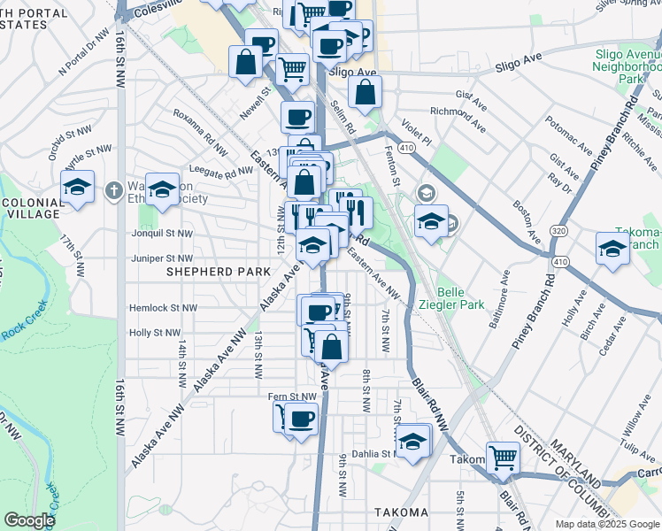 map of restaurants, bars, coffee shops, grocery stores, and more near 7701 Georgia Avenue Northwest in Washington