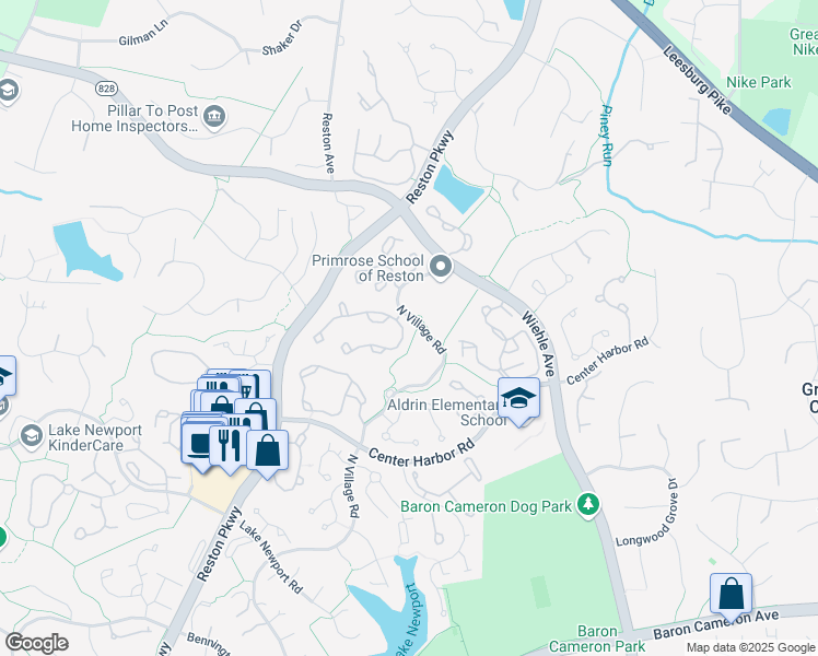 map of restaurants, bars, coffee shops, grocery stores, and more near 1376 Park Garden Lane in Reston