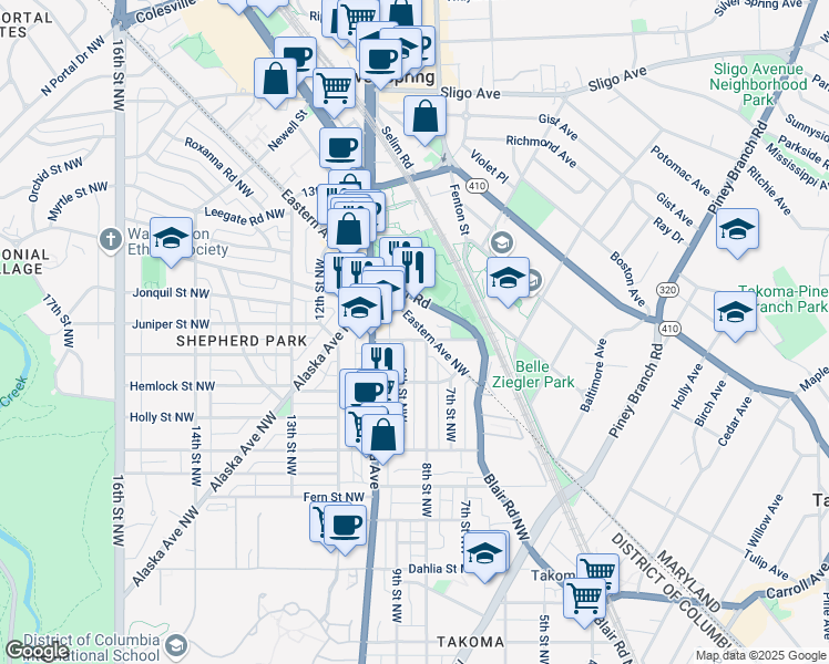 map of restaurants, bars, coffee shops, grocery stores, and more near 7700 Eastern Avenue Northwest in Washington
