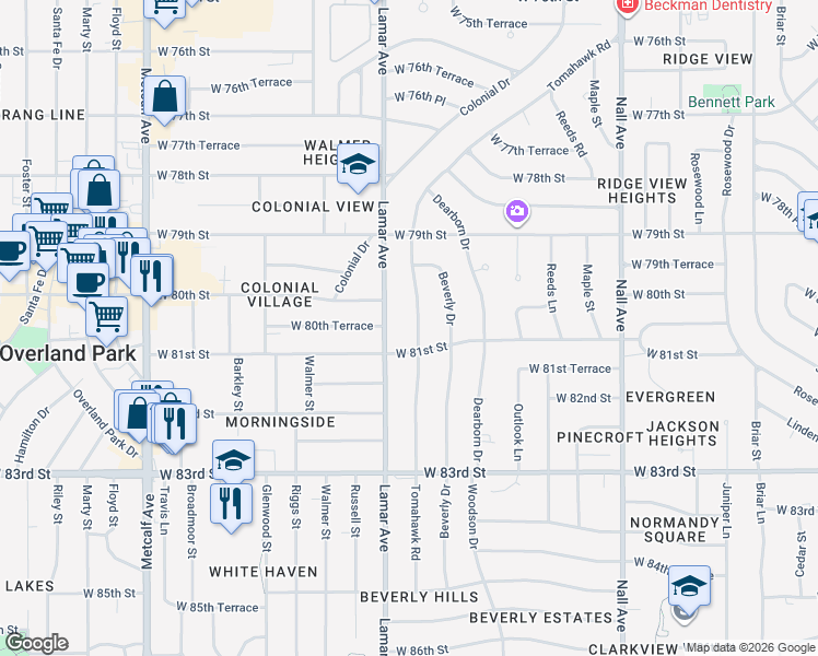 map of restaurants, bars, coffee shops, grocery stores, and more near 8004 Tomahawk Road in Prairie Village