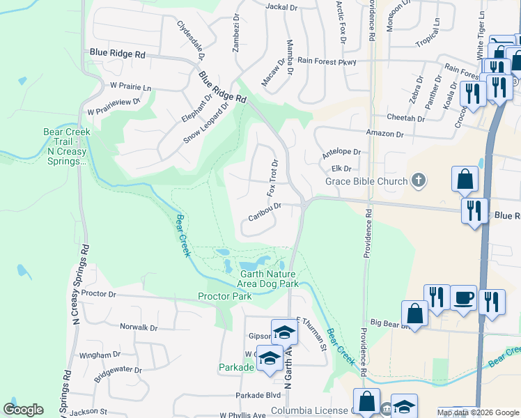 map of restaurants, bars, coffee shops, grocery stores, and more near 203 Caribou Drive in Columbia