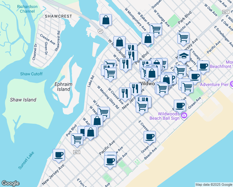 map of restaurants, bars, coffee shops, grocery stores, and more near 5209 Arctic Avenue in Wildwood