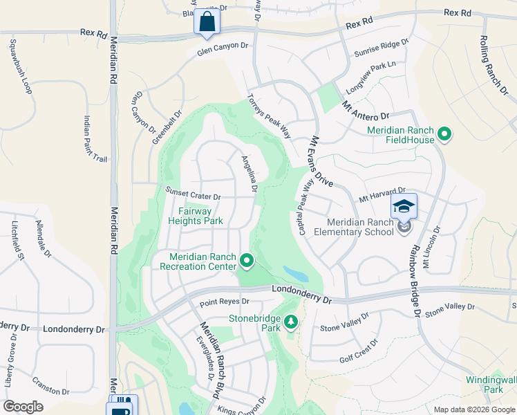 map of restaurants, bars, coffee shops, grocery stores, and more near 12505 Angelina Drive in Peyton