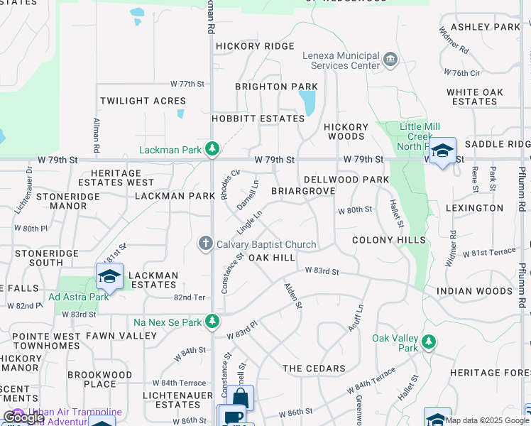 map of restaurants, bars, coffee shops, grocery stores, and more near 8010 Lingle Lane in Lenexa