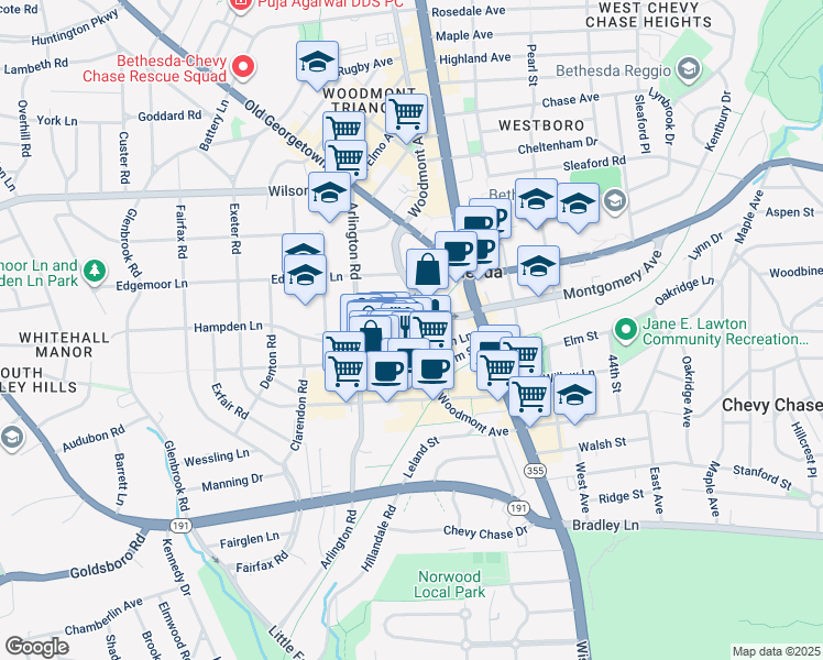 map of restaurants, bars, coffee shops, grocery stores, and more near 4901 Hampden Lane in Bethesda