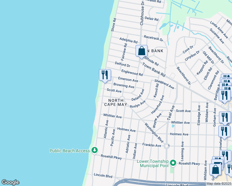 map of restaurants, bars, coffee shops, grocery stores, and more near 1609 Scott Avenue in North Cape May