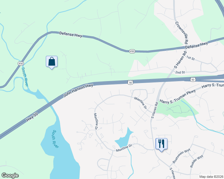 map of restaurants, bars, coffee shops, grocery stores, and more near 965 Bent Tree Way in Annapolis